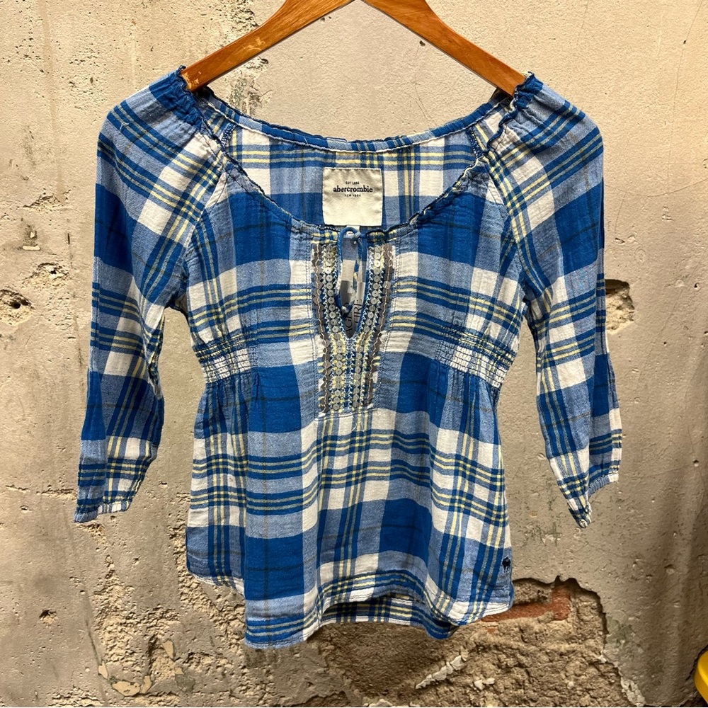 Abercrombie Y2K Vintage Blue Plaid Beaded Babydoll Ruched Top Flannel Medium M